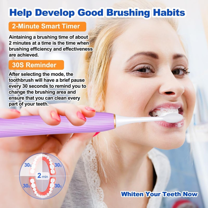 FXQQZZ Electric Toothbrush for Adults and Kids, with Tongue Scraper and Travel Case, 8 Brush Head, Smart Timer & 4 Modes Rechargeable Toothbrush, 42000 VPM Deep Clean, One Charge Last 90 Days - Purple - Image 4